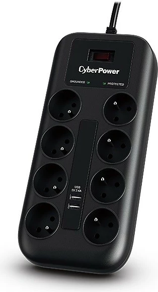 Zaščitna vtičnica CyberPower P0820SUF0-FR, 8 izhodov, 2×USB, 1,8 m, črna