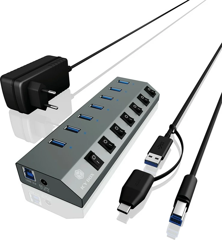 USB razdelilnik ICY BOX IB-HUB1701-C3, 7 vrat, USB 3.2, aluminij, antracit