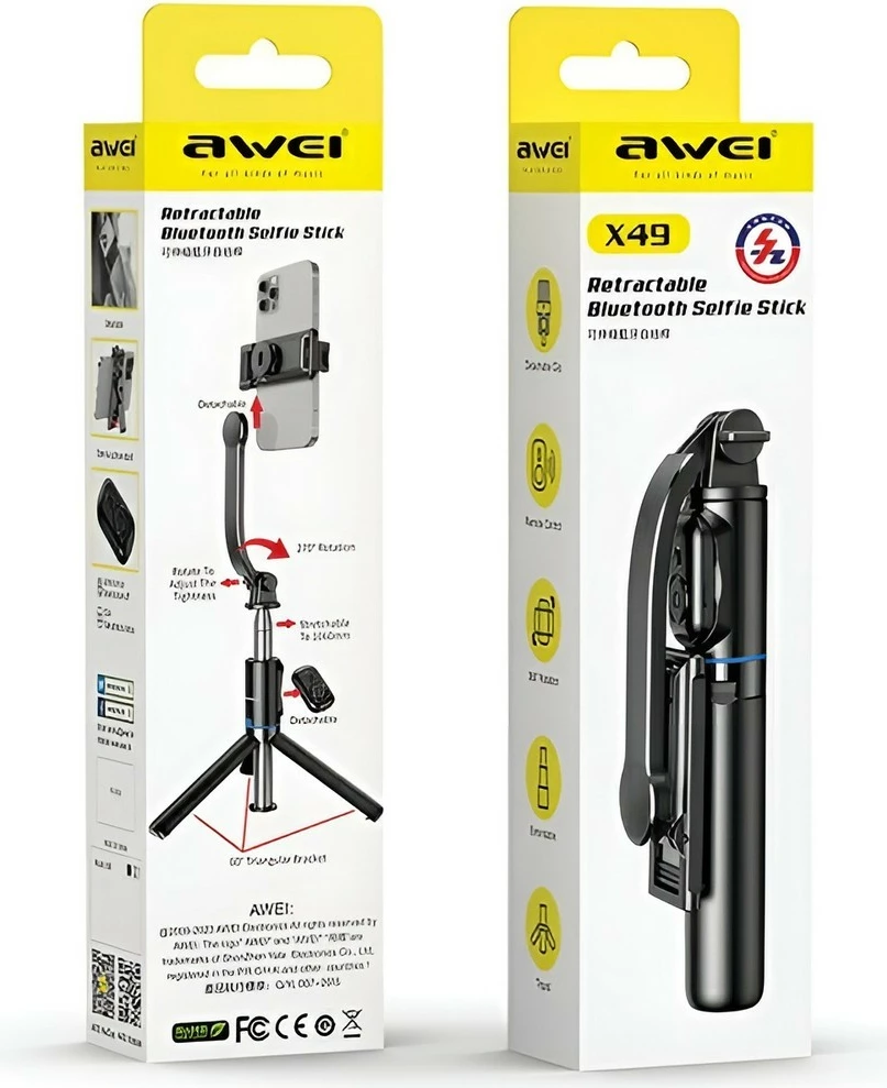 Samostoječa selfie palica s trinožnikom, Bluetooth, črna, AWEI X49