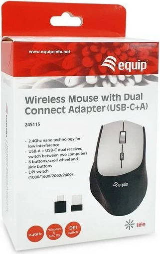 Brezžična miška Equip 245115, dvojni adapter USB-C in USB-A, 2400 DPI, črna