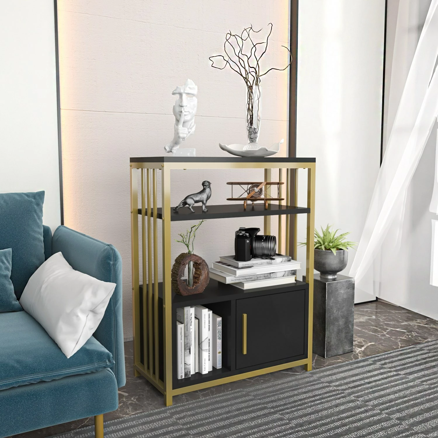 Polica za knjige Skye Decor Letos, antracit in zlata