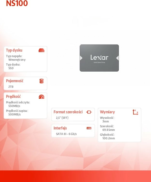 SSD Lexar NS100, 2 TB, 2,5-palčni, SATA III, siv