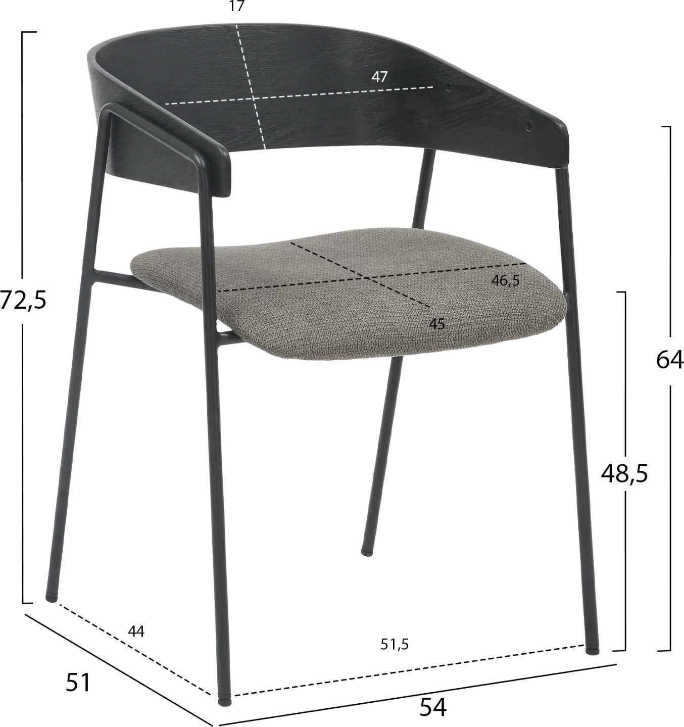 Jedilni stol KORIN FH9975.02 kovina in vezana plošča v črno-sivi tkanini 54x51x72,5H cm, set 2 kosov