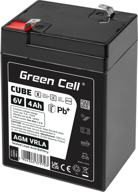 Baterija AGM VRLA, 6V 4Ah, IP54, 101 x 70 x 47 mm, črna, Green Cell AGM6V4AH-J