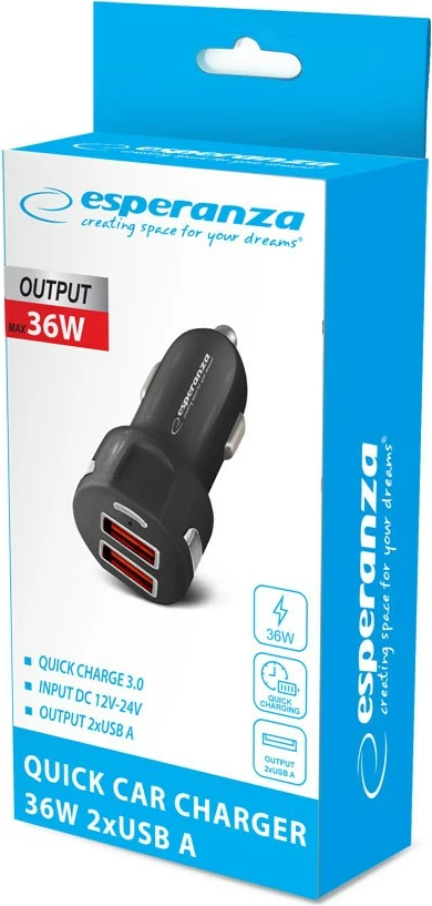 Avtomobilski polnilec z Quick Charge 3.0, Esperanza EZ110, črn