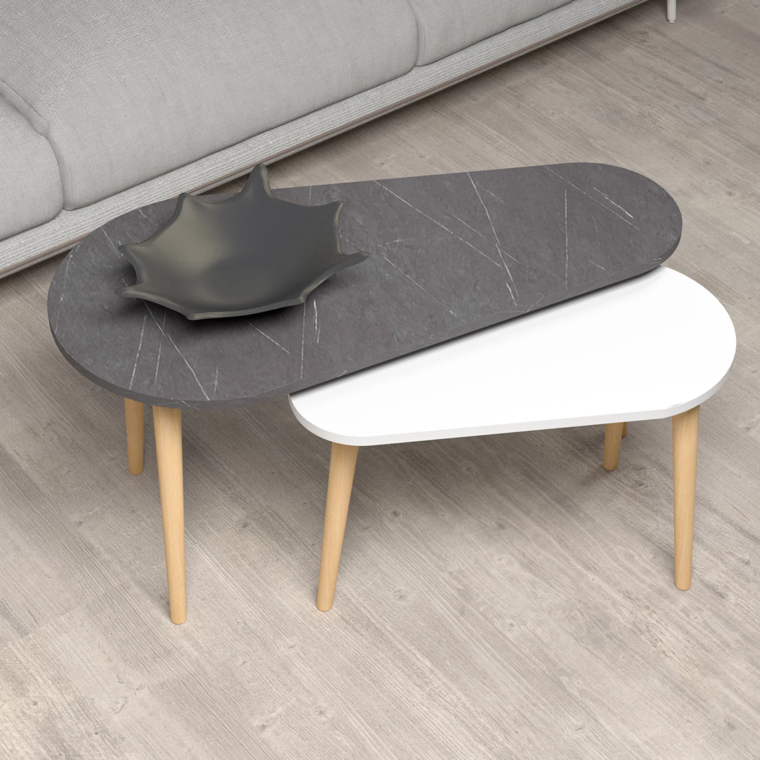 Klubske mizice 2 kosa APRILIA FH18179.01 melamin v črnem marmorju & bele-lesene noge v naravni 95x47x47Hcm
