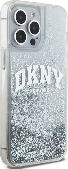 Ovitek za telefon z Liquid Glitter učinkom in velikim logotipom DKNY za iPhone 15 Pro, bel