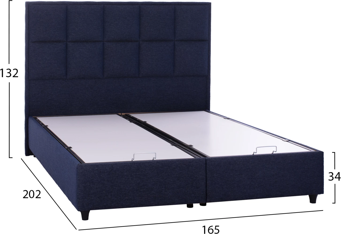 ALBA postelja, modra tkanina, za vzmetnico 160x200, prešito vzglavje, z 2 podlagama namesto posteljnih desk, prostor za shranjevanje