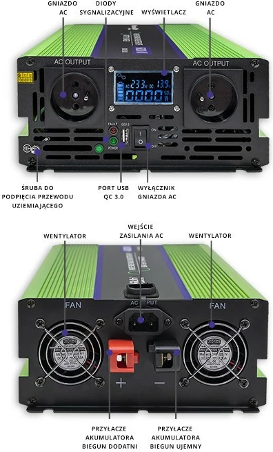 Konverter/pretvornik napetosti 12V v 230V, čist sinus, LCD, Qoltec Monolith 51943, 2000W/4000W, zelen