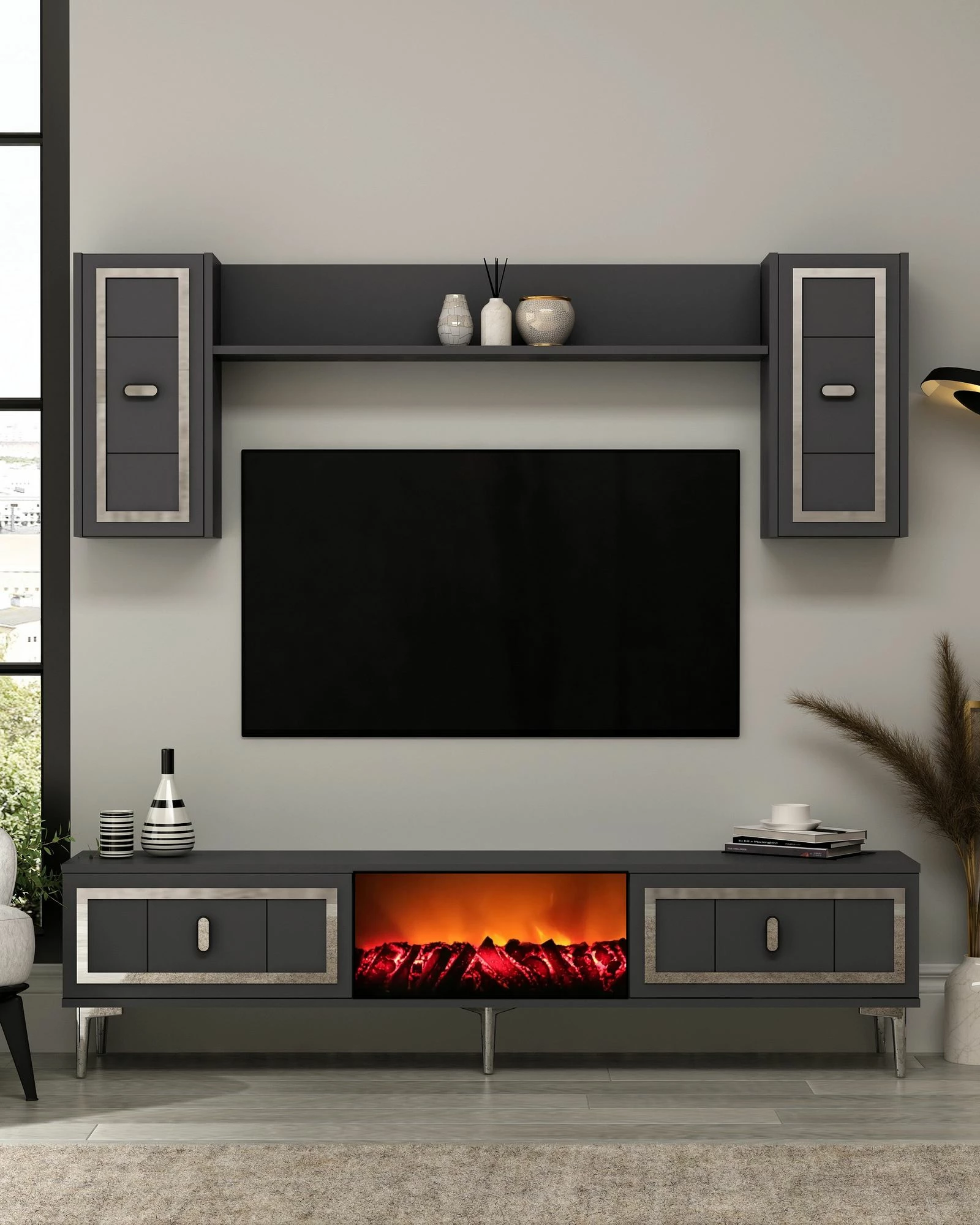 TV komoda z ognjiščem Orion, Skye Decor, antracit in srebrna