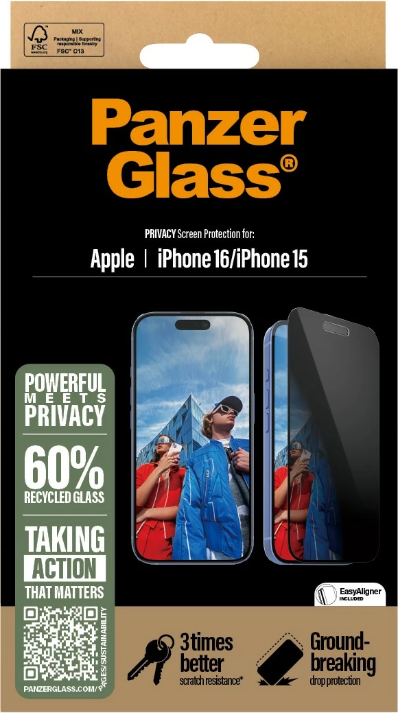 Zaščita zaslona PanzerGlass za iPhone 16/15, Privacy, prosojna