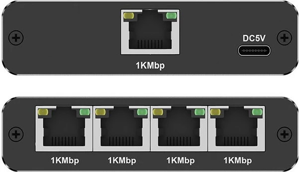 Stikalo za omrežje, 5 vrat RJ45, 1000 Mb/s, aluminij, USB-C Qoltec 52293