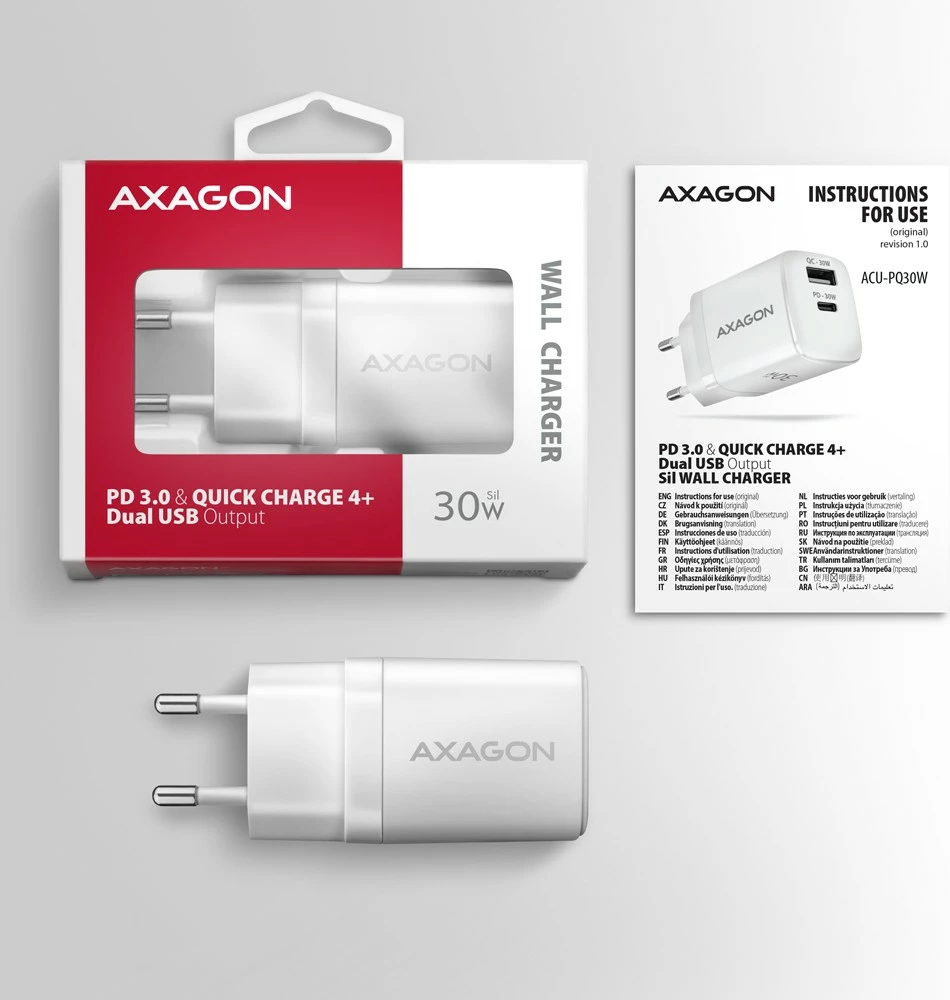Stenski polnilec AXAGON ACU-PQ30W, 30W, 2 vrata USB-A in USB-C, bel