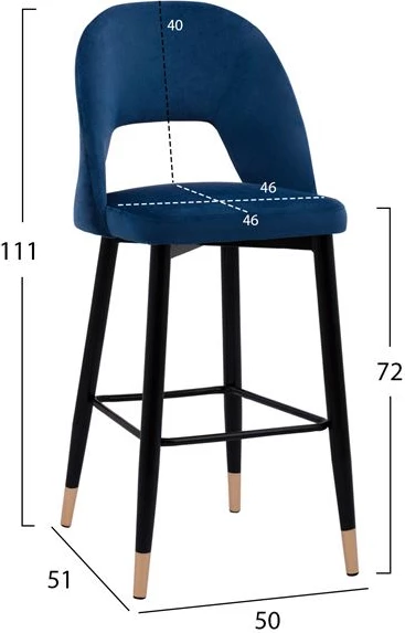 Barski stol Harper FH8526.08 žametno moder v kovinskem okvirju 50x51x111cm, set 2 kosov