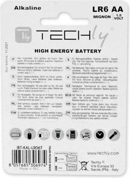 Alkalijske baterije Techly LR06 AA, 1,5V, 4 kosi