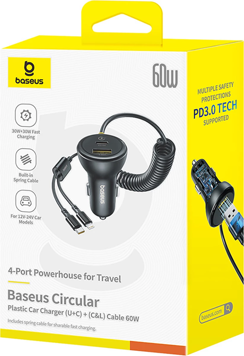 Hitri avto polnilec Baseus Circular, 60W, USB-A + USB-C, vgrajen kabel Lightning + USB-C 1,4 m, črn