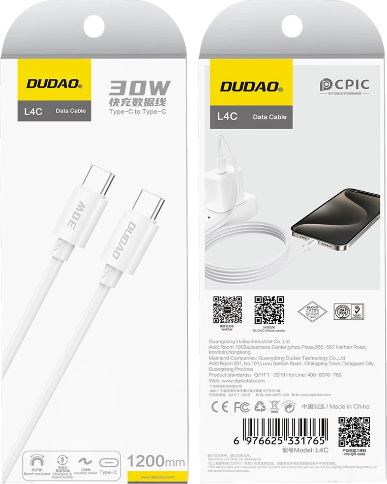 Kabel USB-C na USB-C Dudao L4C, 2 m, 30 W, bel