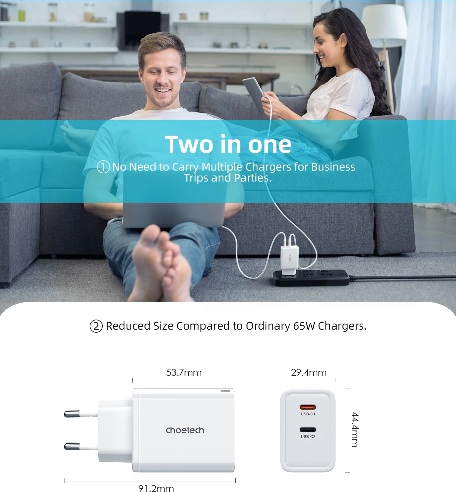 Stenski polnilec 2x USB-C PD, 65 W, bel, Choetech PD6013