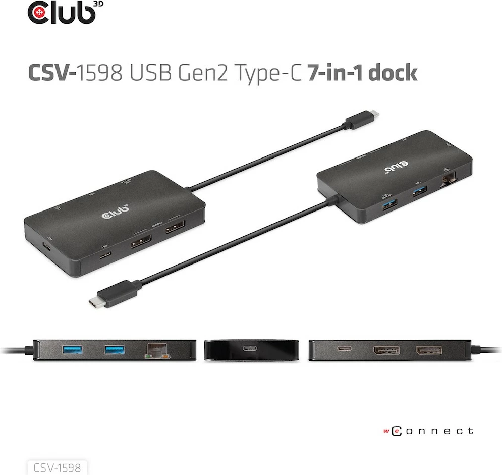 USB-C razdelilec Club3D CSV-1598, 7 vhodov, 2×DisplayPort, 2×USB-A, 2×USB-C, LAN, 4K60Hz, črn