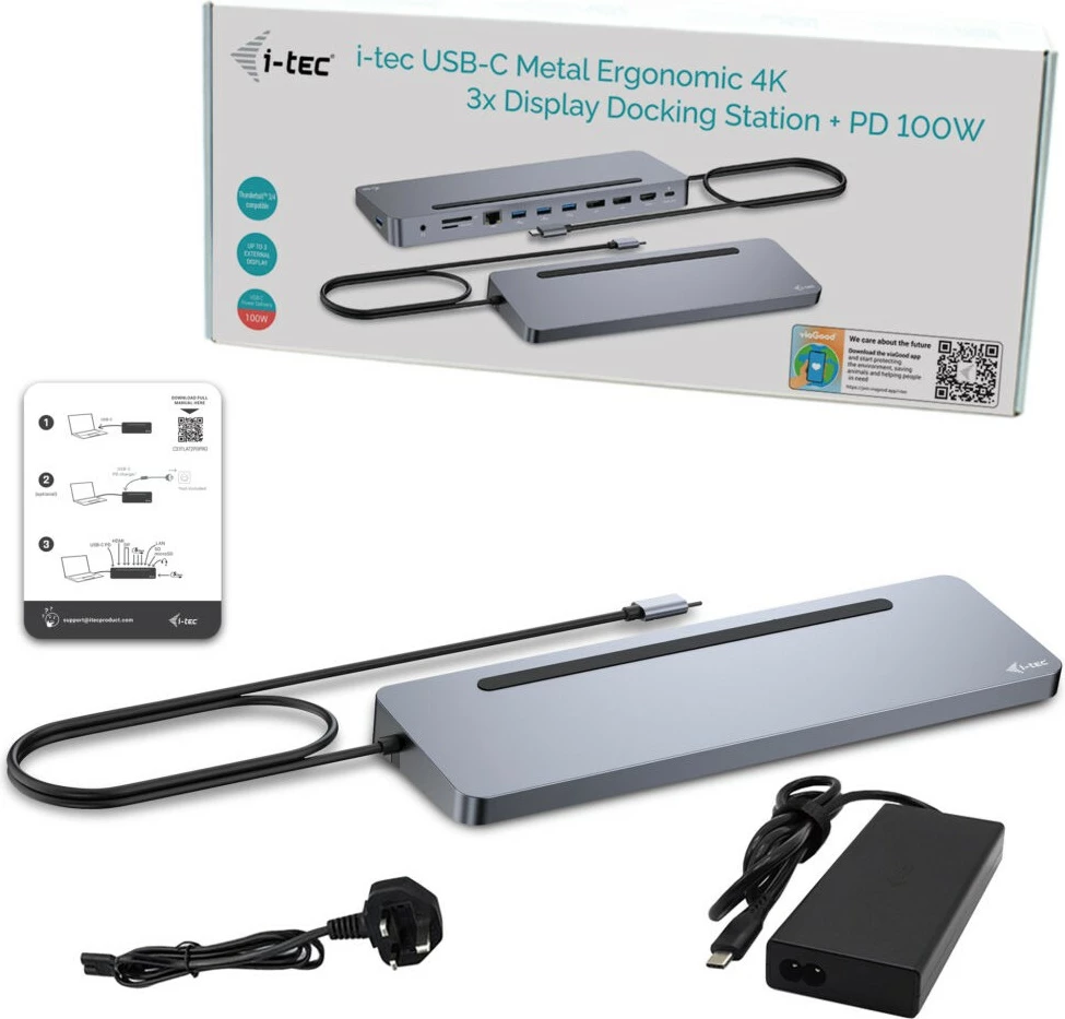 Dokovska postaja USB-C I-Tec, metalna ergonomska, 3x 4K, 100W, z univerzalnim polnilnikom, srebrna