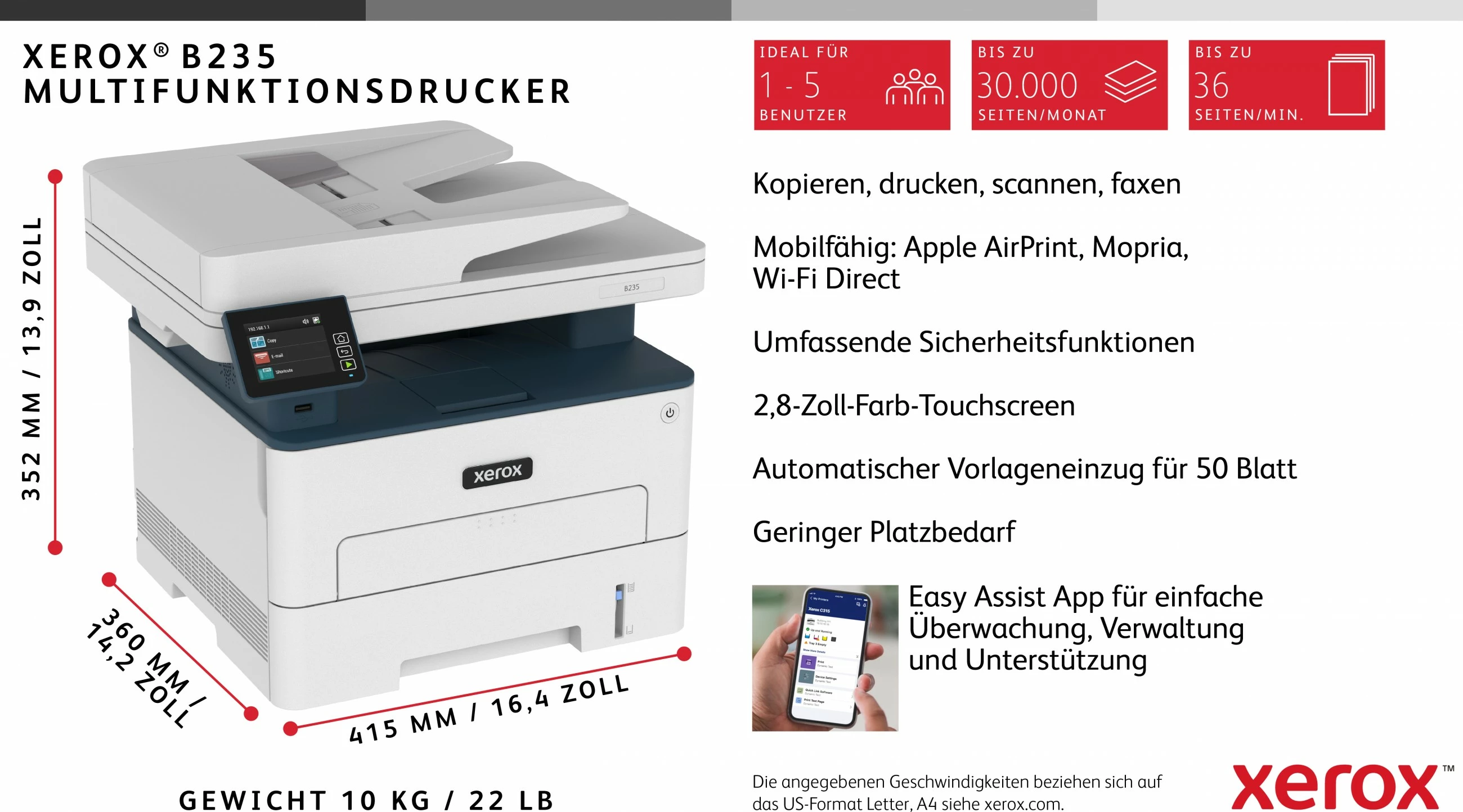 Večfunkcijski tiskalnik Xerox B235, laserski, črno-bel, brezžični, samodejni obojestranski tisk, A4, 251 listov, bel/moder