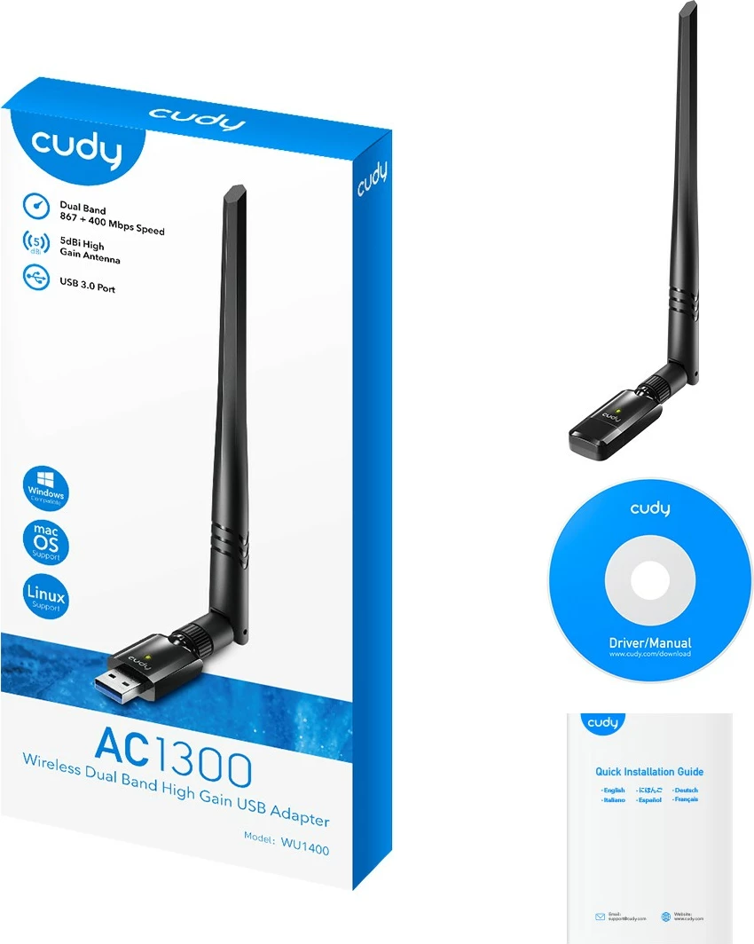 Brezžični USB adapter Cudy WU1400, AC1300, USB 3.0, 5 dBi antena, črn