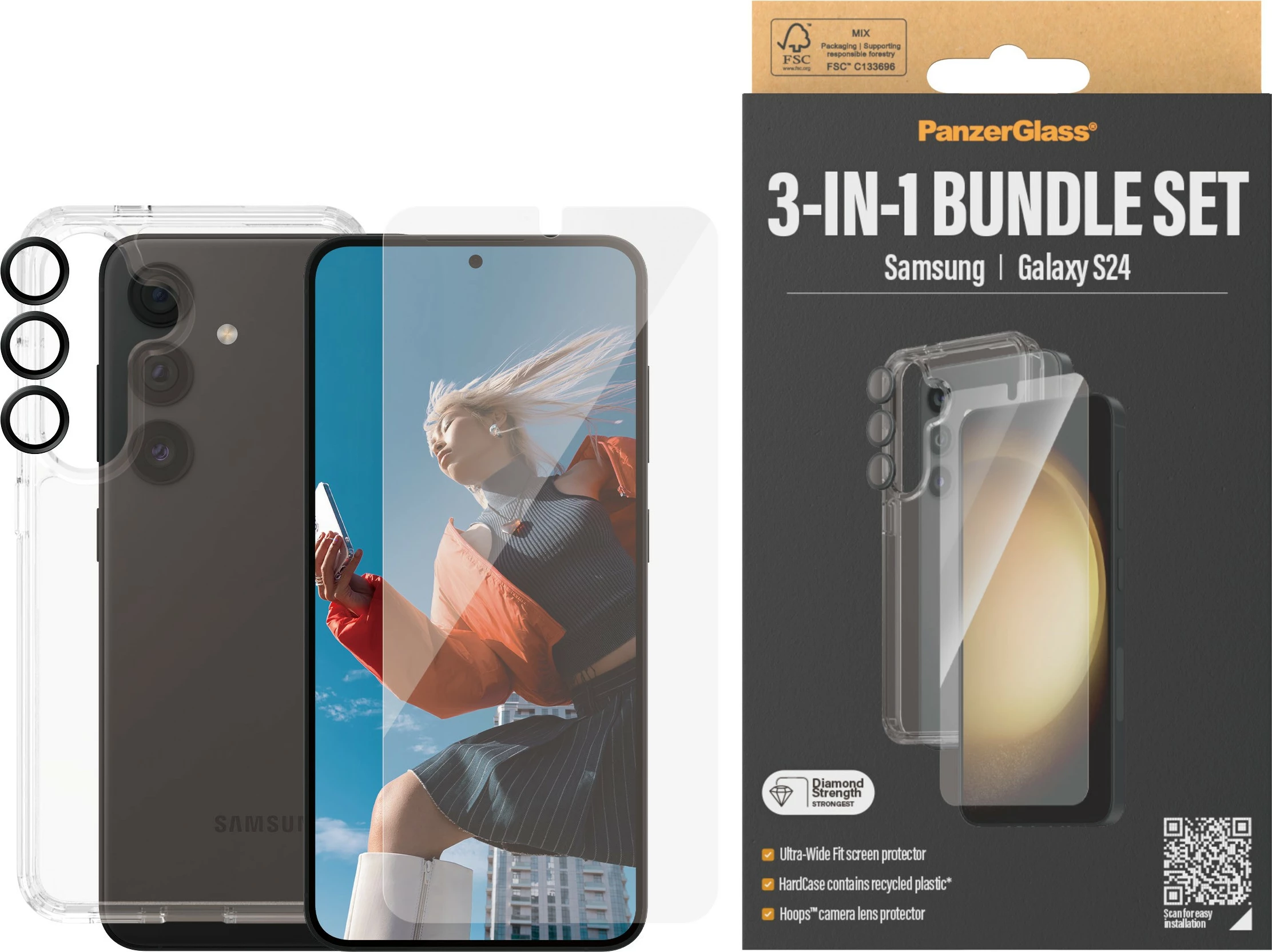 Transparenten 3-v-1 zaščitni komplet za Samsung Galaxy S24 PanzerGlass