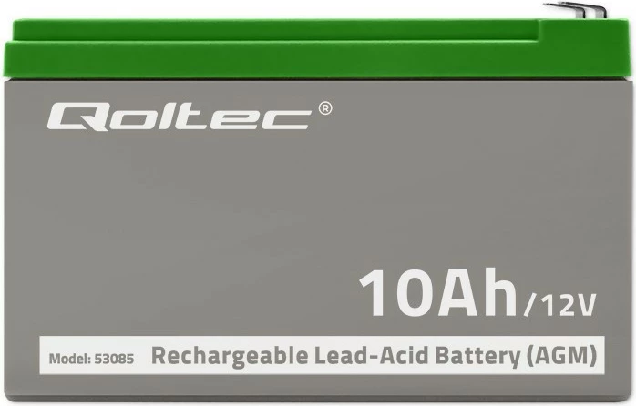 Zaprta AGM svinčevo-kislinska baterija 12 V 10 Ah, brez vzdrževanja Qoltec 53085, za UPS, siva/zelena