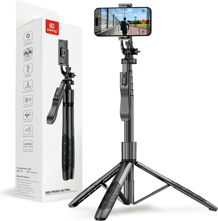 Selfie palica s stativom, Bluetooth, 33–157,5 cm, črna, CRONG SelfieGo Ultra