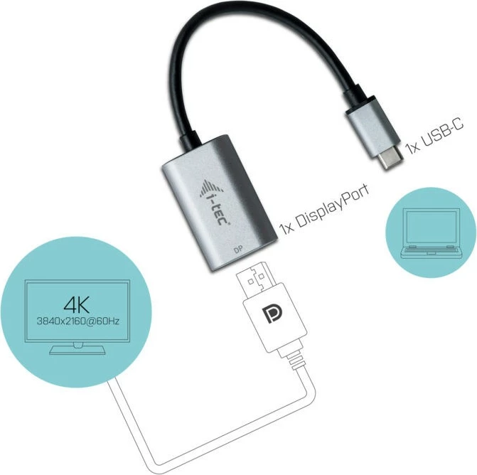 Adapter USB-C na DisplayPort, 4K 60 Hz, kovinski, sivo/azurno i-tec C31METALDP60HZ