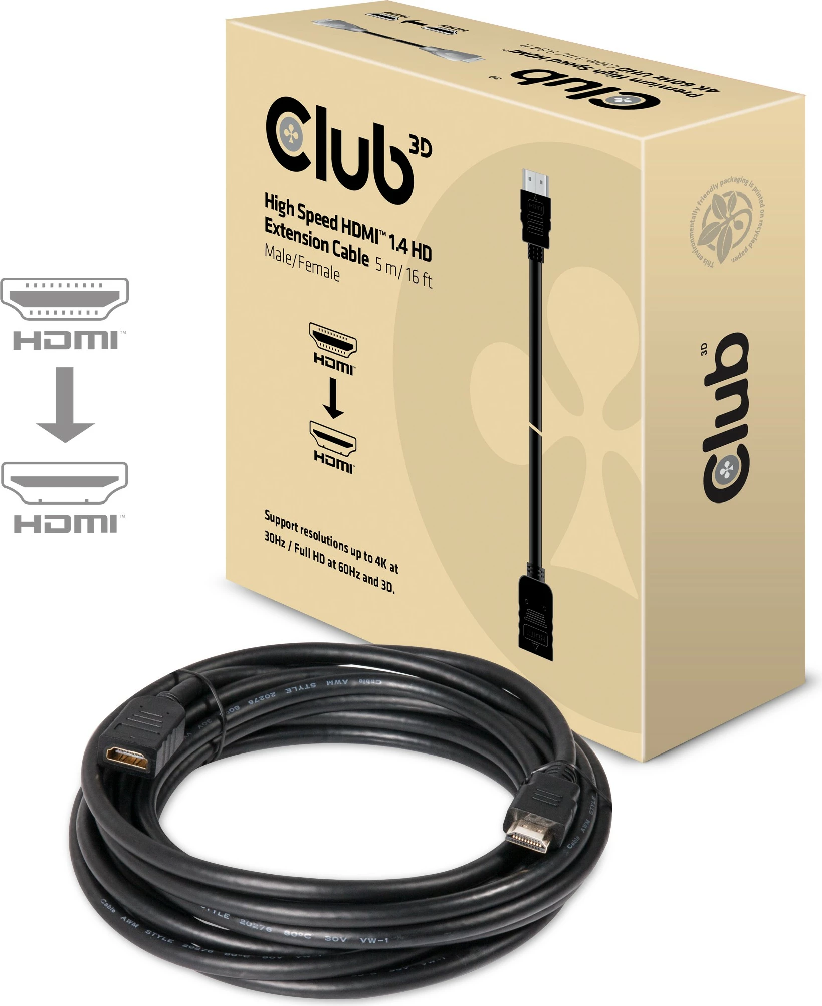 Podaljševalni HDMI kabel 5 m, pozlačen, črn Club3D