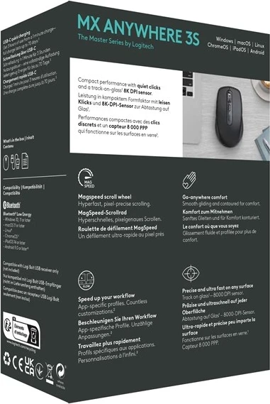 Brezžični miš RF + Bluetooth, 8000 DPI, Logitech MX Anywhere 3S