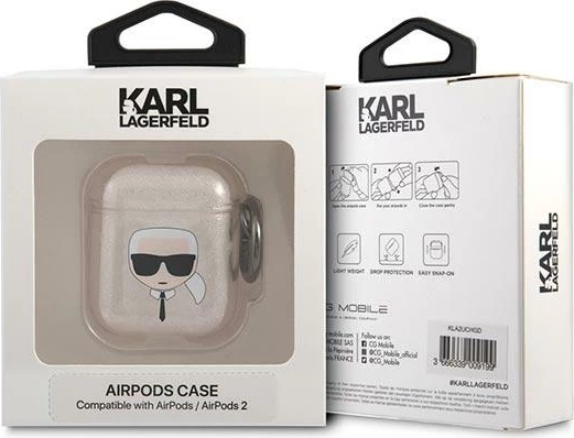 Ovitek za AirPods 1/2 Karl Lagerfeld KLA2UKHGD, bleščeč motiv Karl's Head, zlat