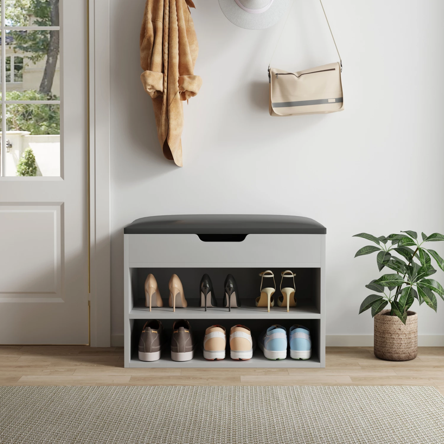 Polica za čevlje z sediščem ROMIR FH2477.05, melamin siva-antracit, sedišče PU, 60x30x44 cm