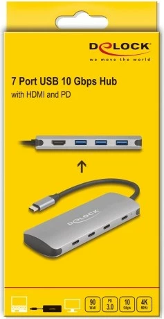 USB hub z 7 vrati, 4K HDMI, USB-C/USB-A, 90W, alumin, DeLOCK 64323, siva