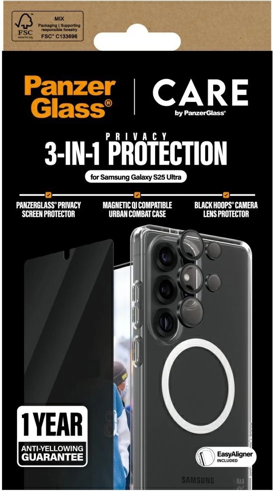 Ovitek za telefon PanzerGlass CARE Flagship 3in1, zaščitno steklo za zasebnost in zaščitno steklo za objektiv za Samsung Galaxy S25 Ultra