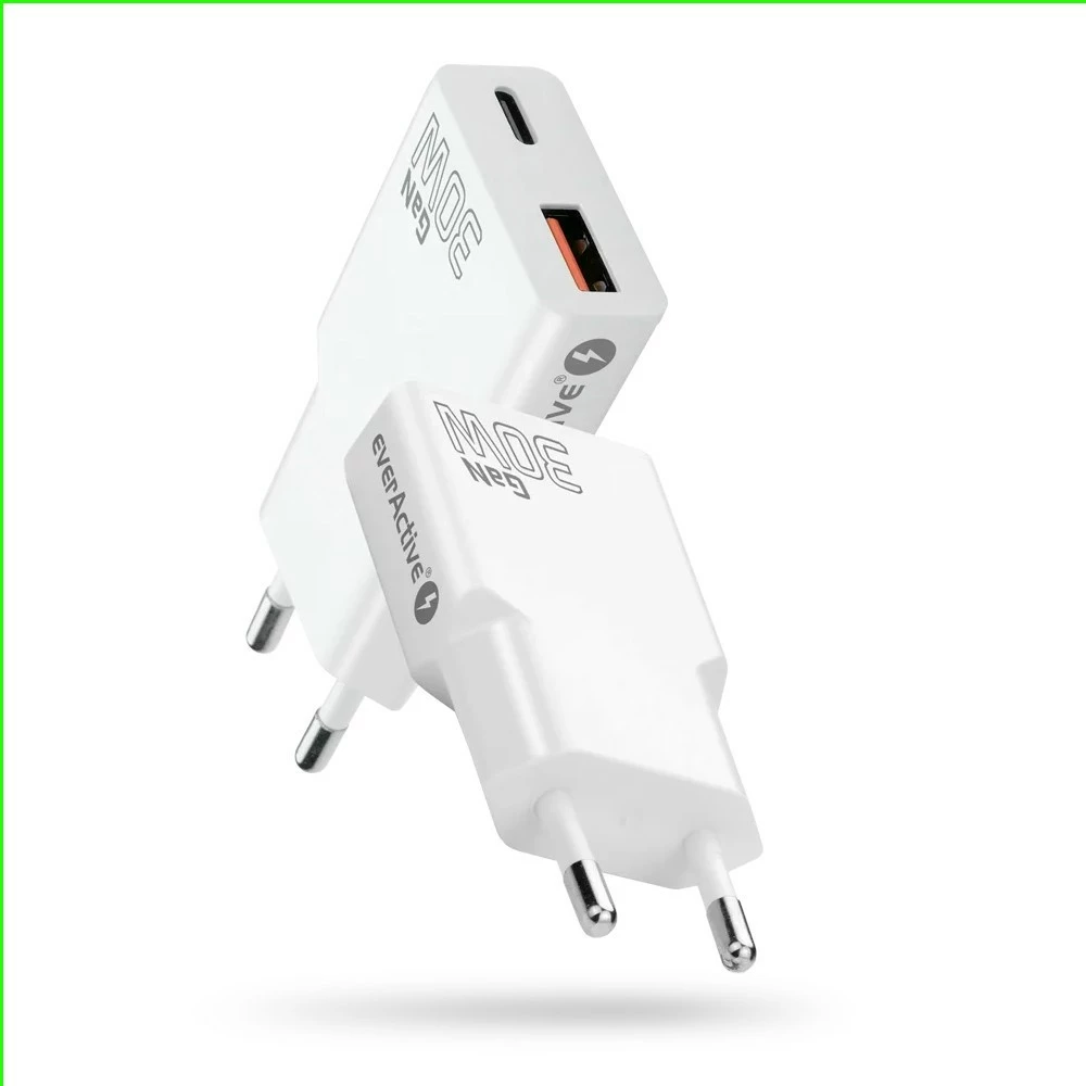 Super tanek GaN stenski polnilec 30W, 1x USB + 1x USB-C, QC 3.0/PD, everActive SC-380Q, bel