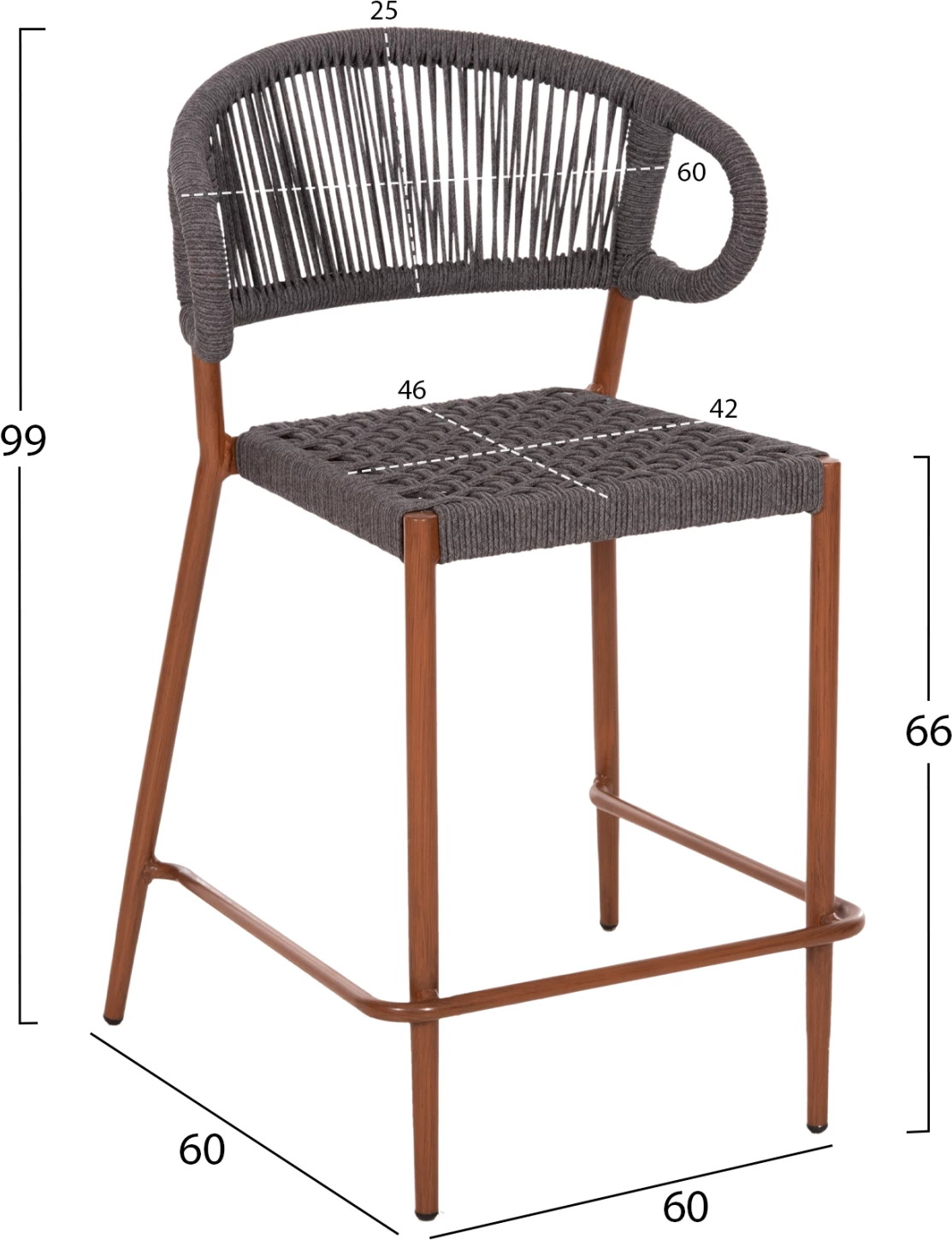 Barski stol srednje višine EULO FH6087.01 aluminij v oreh-sintetični ratan v sivi 60x60x99H cm