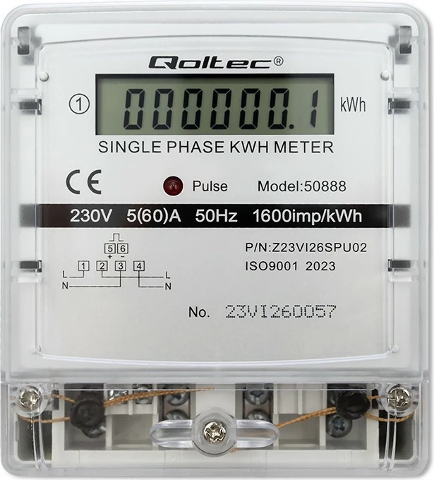 Enofazni števec električne energije Qoltec 50888, LCD, 230 V, siv