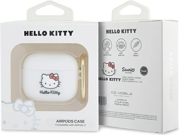 3D silikonski ovitek za AirPods 3, Hello Kitty, bel, z obročkom