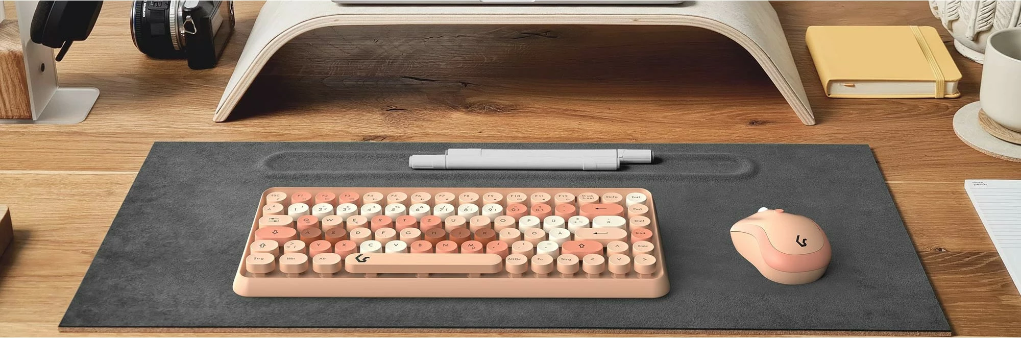 Kompakten brezžični komplet tipkovnice in miške KeySonic KSKM-5200M-RF, QWERTZ, 86 tipk, bež/rjava/roza