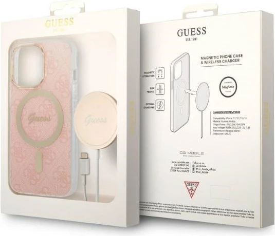 Komplet trd ovitek in brezžični polnilec za iPhone 13 Pro, Guess GUBPP13LH4EACSP, rožnat