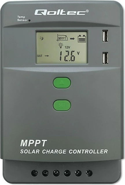 Krmilnik sončnega polnjenja Qoltec MPPT 53660, 10A, 12V/24V, LCD, 2xUSB, Bluetooth, siv/zelena