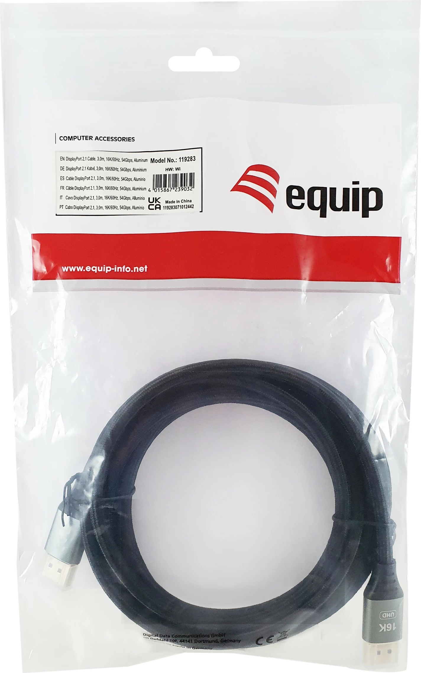 Kablu DisplayPort 2.1, 3 m, 16K, 240 Hz, srebrno/črn — Equip