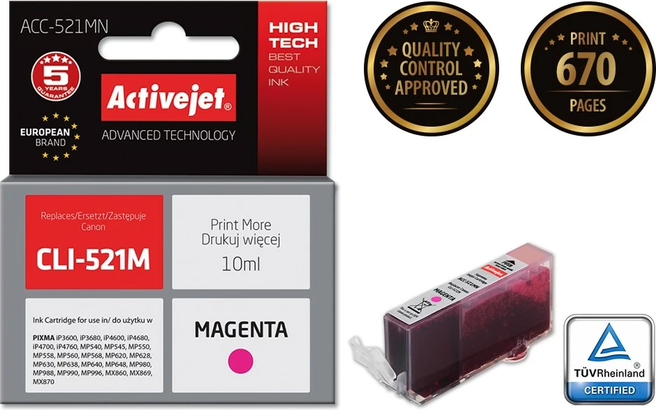 Zamenjalna barva Activejet ACC-521MN za tiskalnik Canon, 10 ml, vijolična