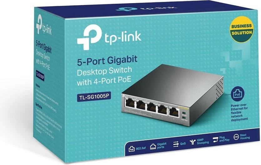 Nepupravljiv switch s PoE TP-LINK TL-SG1005P, 5 gigabit portov, 4 PoE, namizni