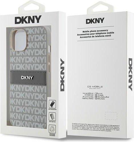 Ovitek za telefon DKNY Mono Stripe & Metal Logo za iPhone 15/14/13, 6,1", bež