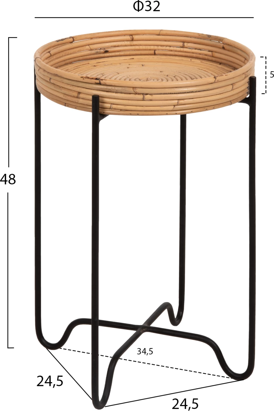 Okrogla stranska miza FLY FH7905 iz ratana v naravni barvi - črna kovinska osnova Φ32x48Hcm