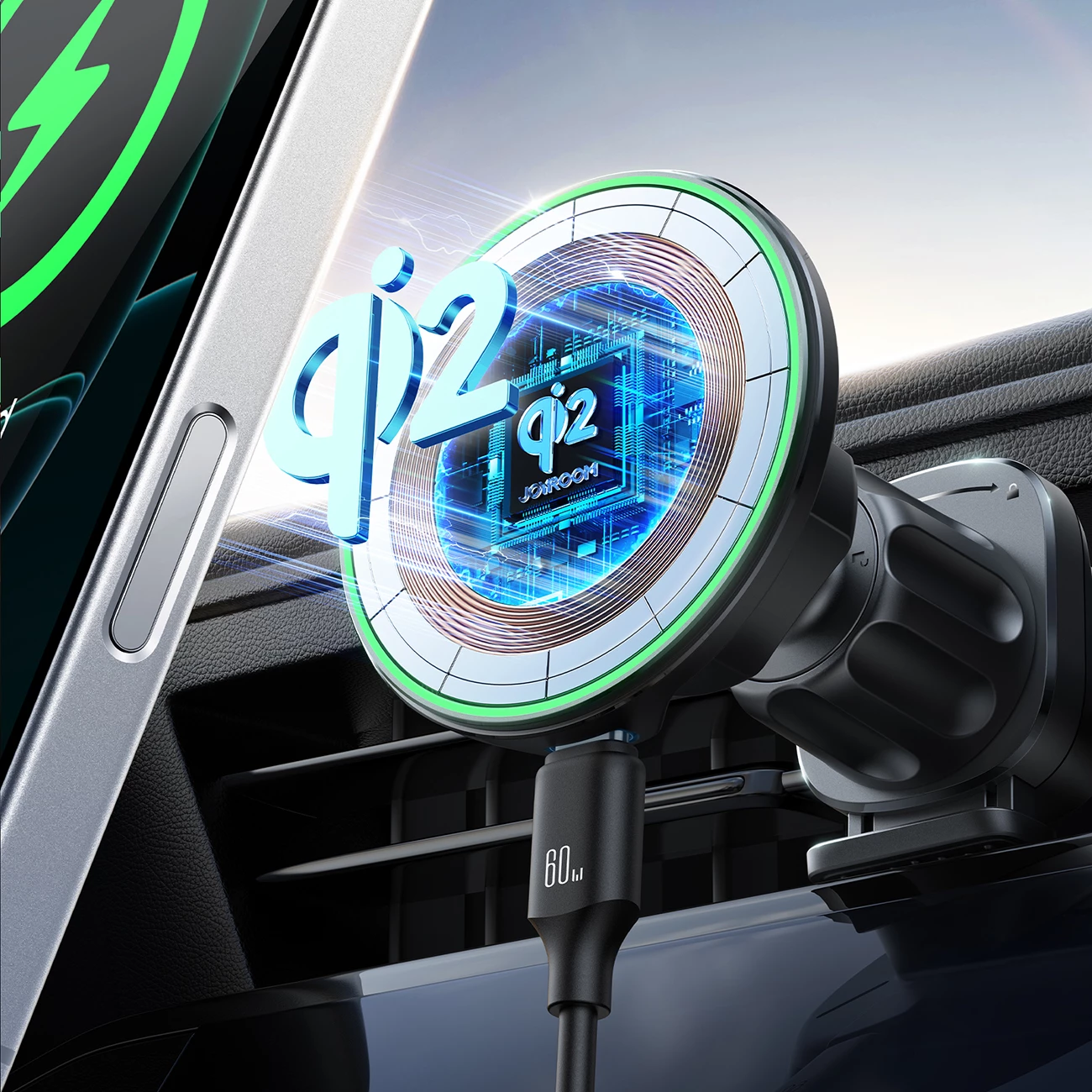 Magnetni nosilec za avto z brezžičnim polnjenjem Qi2 15 W, Joyroom JR-ZS412, za rešetko zračnika, MagSafe magneten, USB-C, združljiv 4,7–7", črn