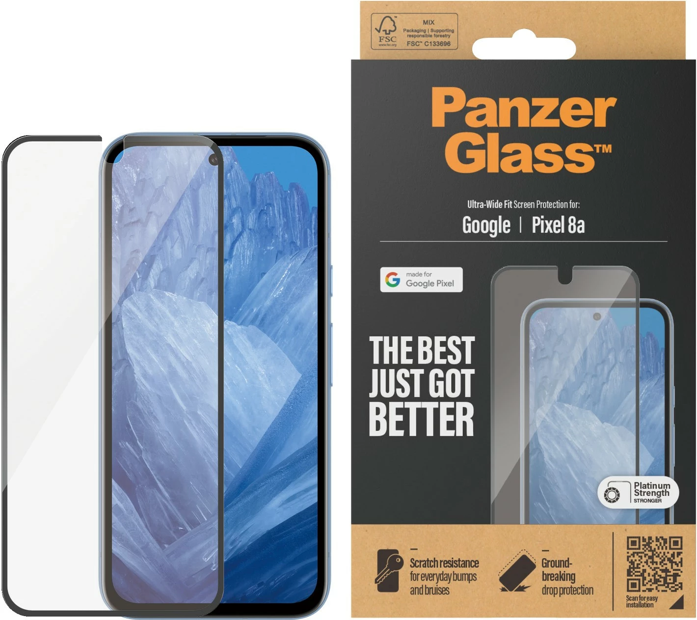Zaščita zaslona PanzerGlass za Google Pixel 8a, Ultra Wide Fit, prozorna